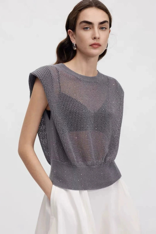 Grey Hollow-Knit Sleeveless Top with Ribbed Hem Gray