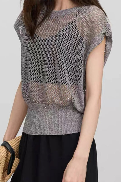 Grey Hollow-Knit Sleeveless Top with Ribbed Hem Gray