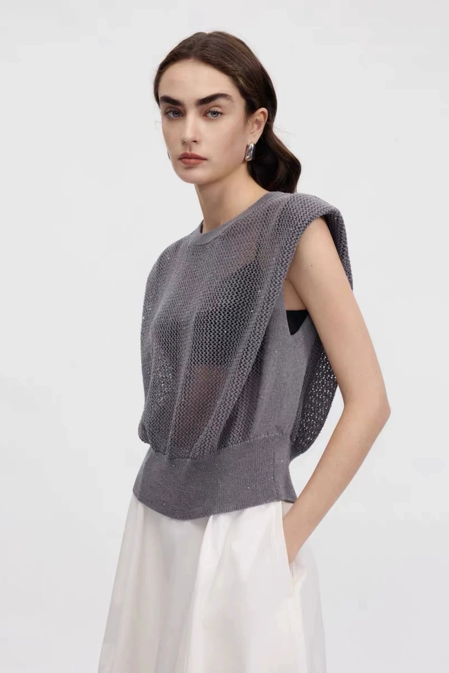 Grey Hollow-Knit Sleeveless Top with Ribbed Hem Gray