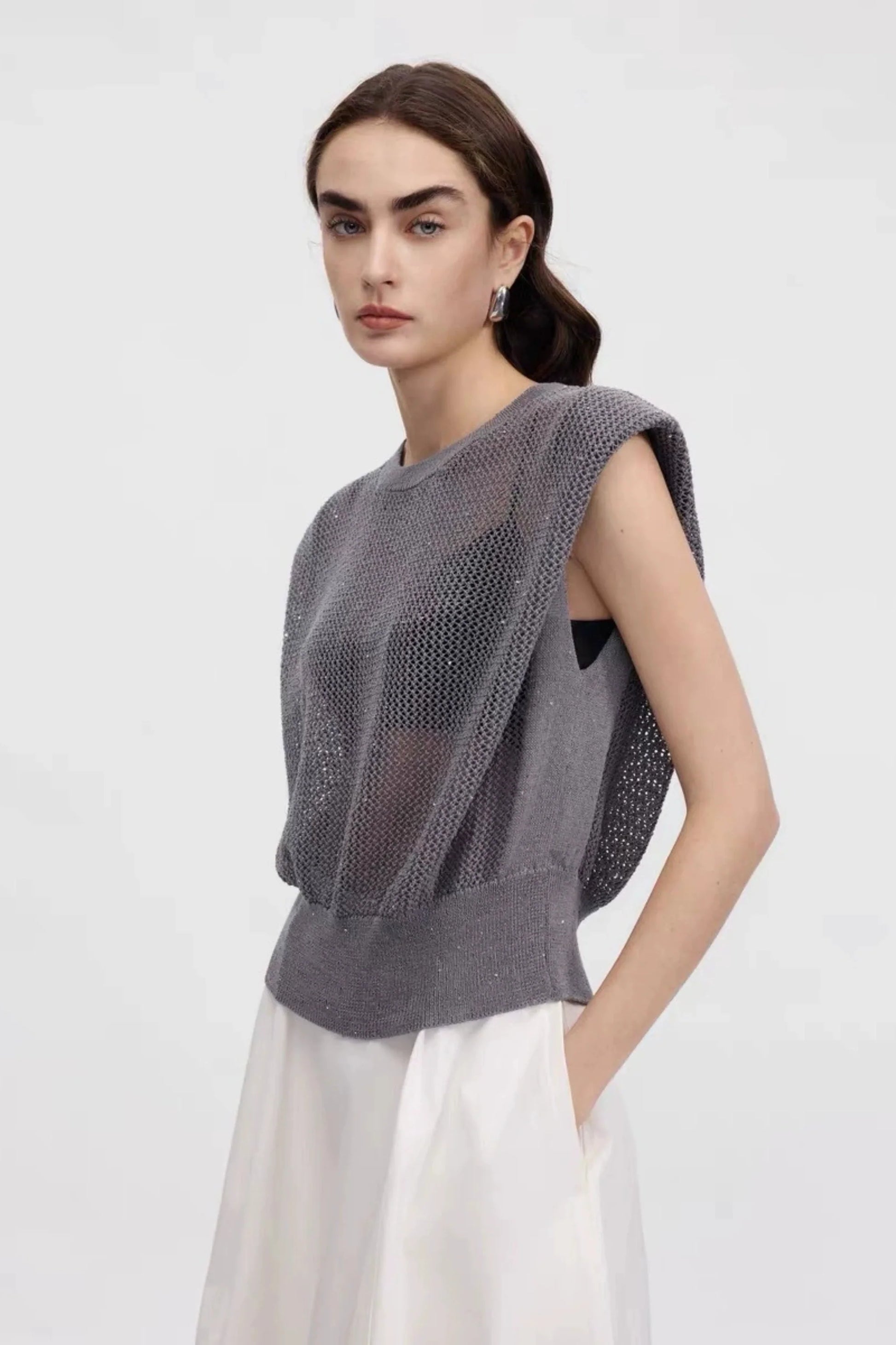 Grey Hollow-Knit Sleeveless Top with Ribbed Hem Gray