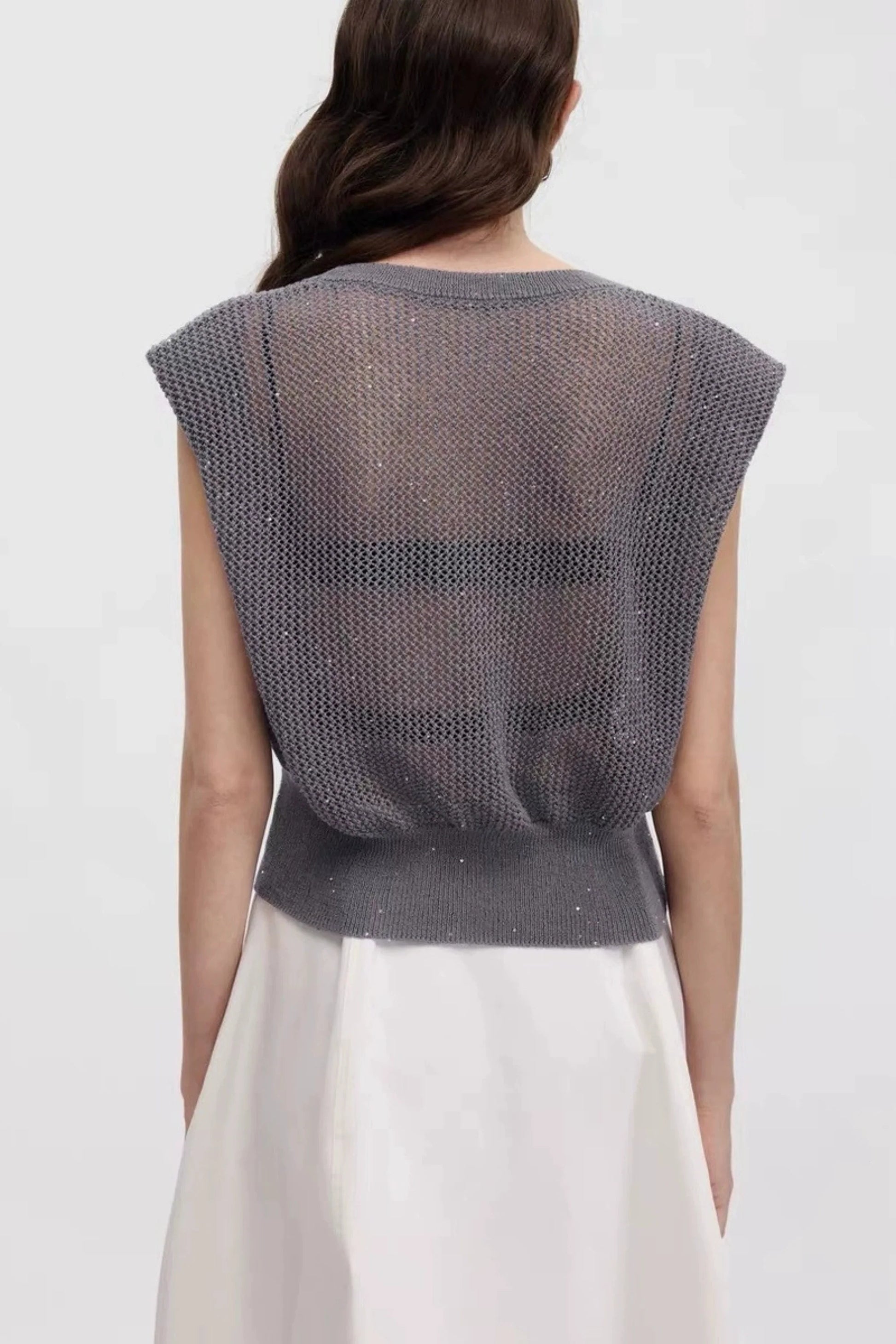 Grey Hollow-Knit Sleeveless Top with Ribbed Hem Gray