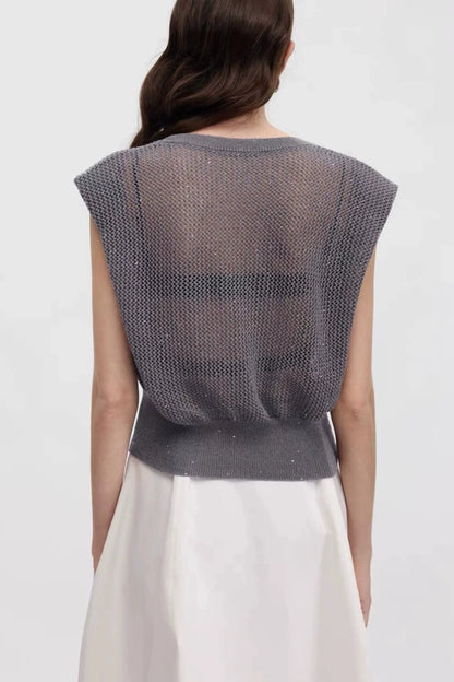 Grey Hollow-Knit Sleeveless Top with Ribbed Hem Gray