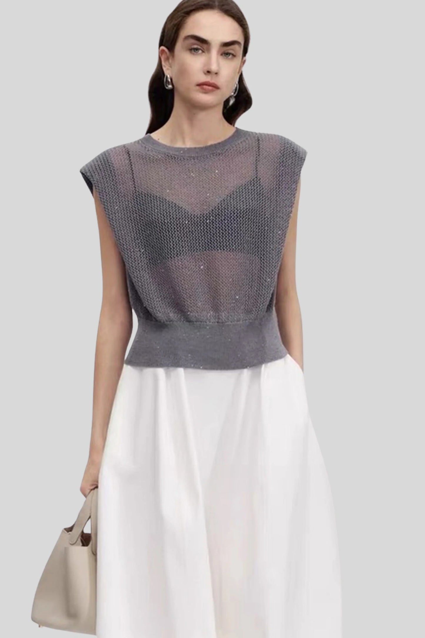 Grey Hollow-Knit Sleeveless Top with Ribbed Hem Gray