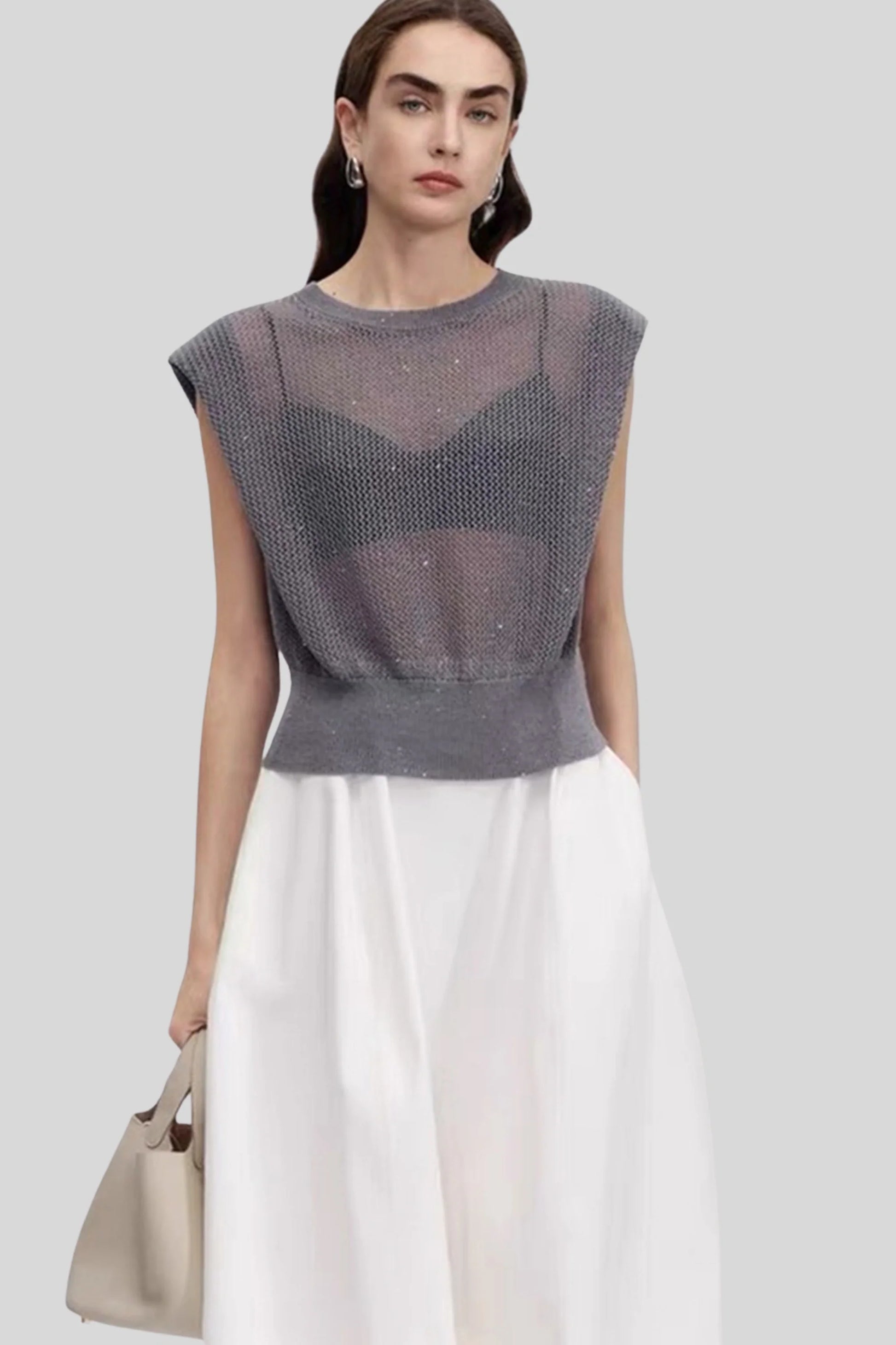 Grey Hollow-Knit Sleeveless Top with Ribbed Hem Gray