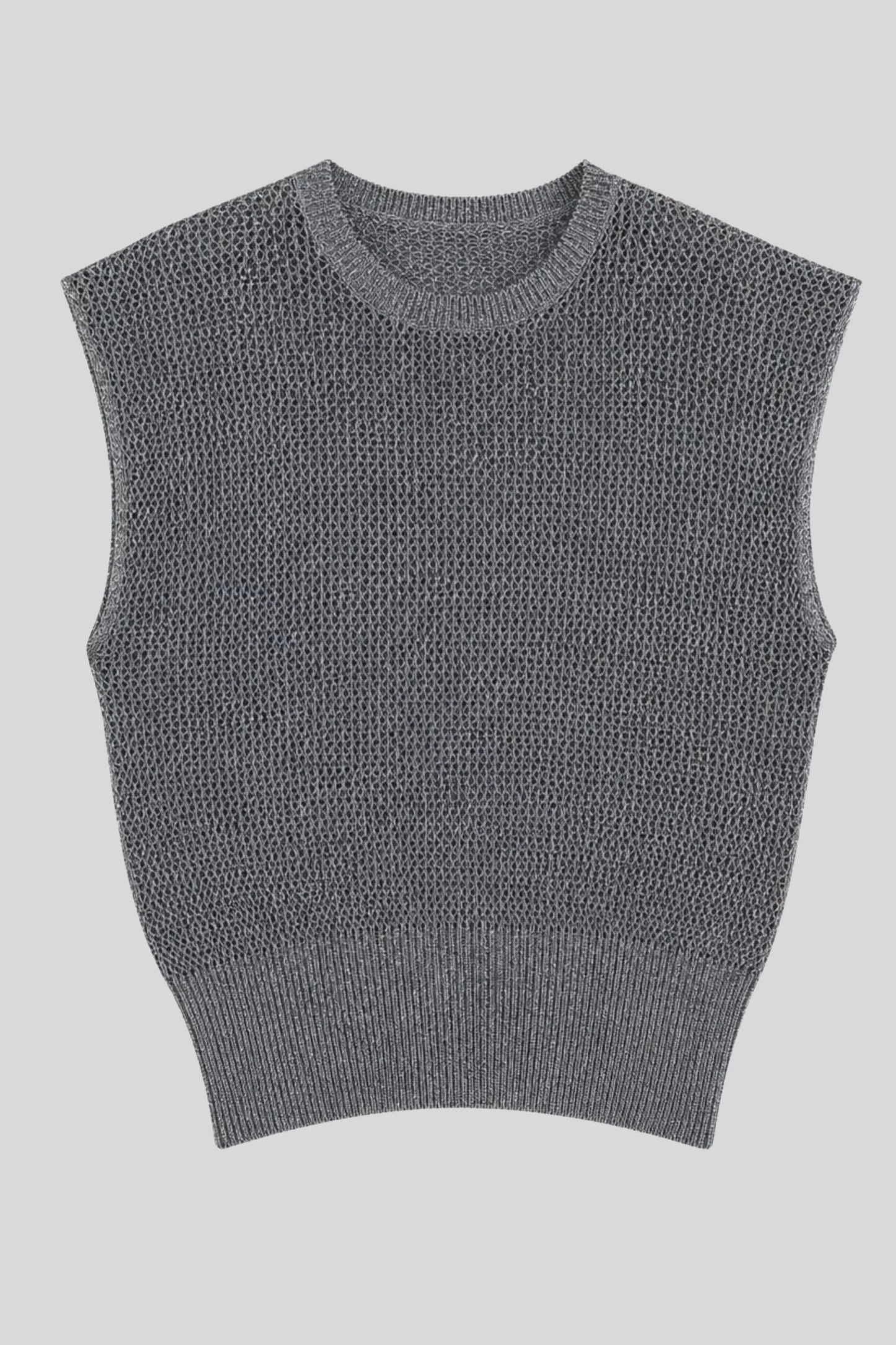 Grey Hollow-Knit Sleeveless Top with Ribbed Hem Gray