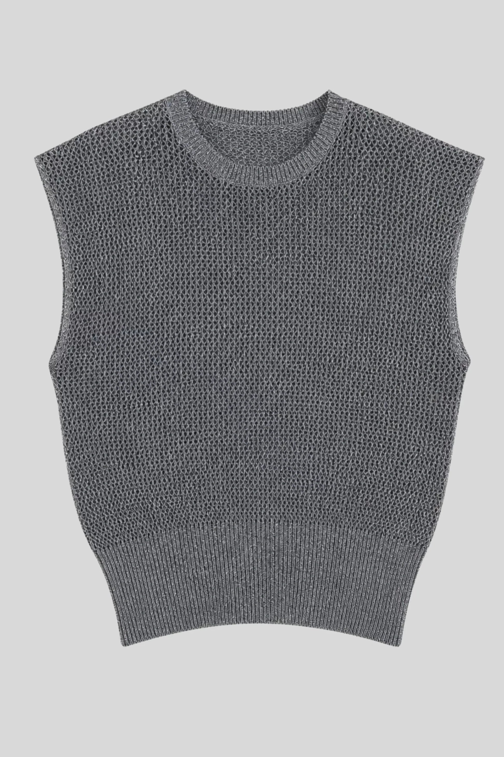 Grey Hollow-Knit Sleeveless Top with Ribbed Hem Gray