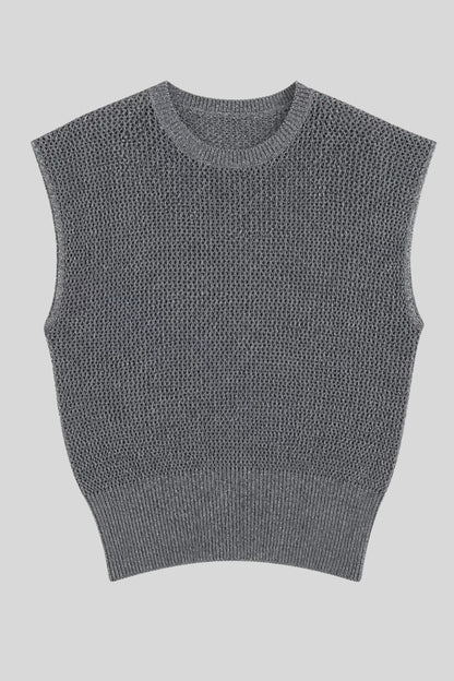 Grey Hollow-Knit Sleeveless Top with Ribbed Hem Gray
