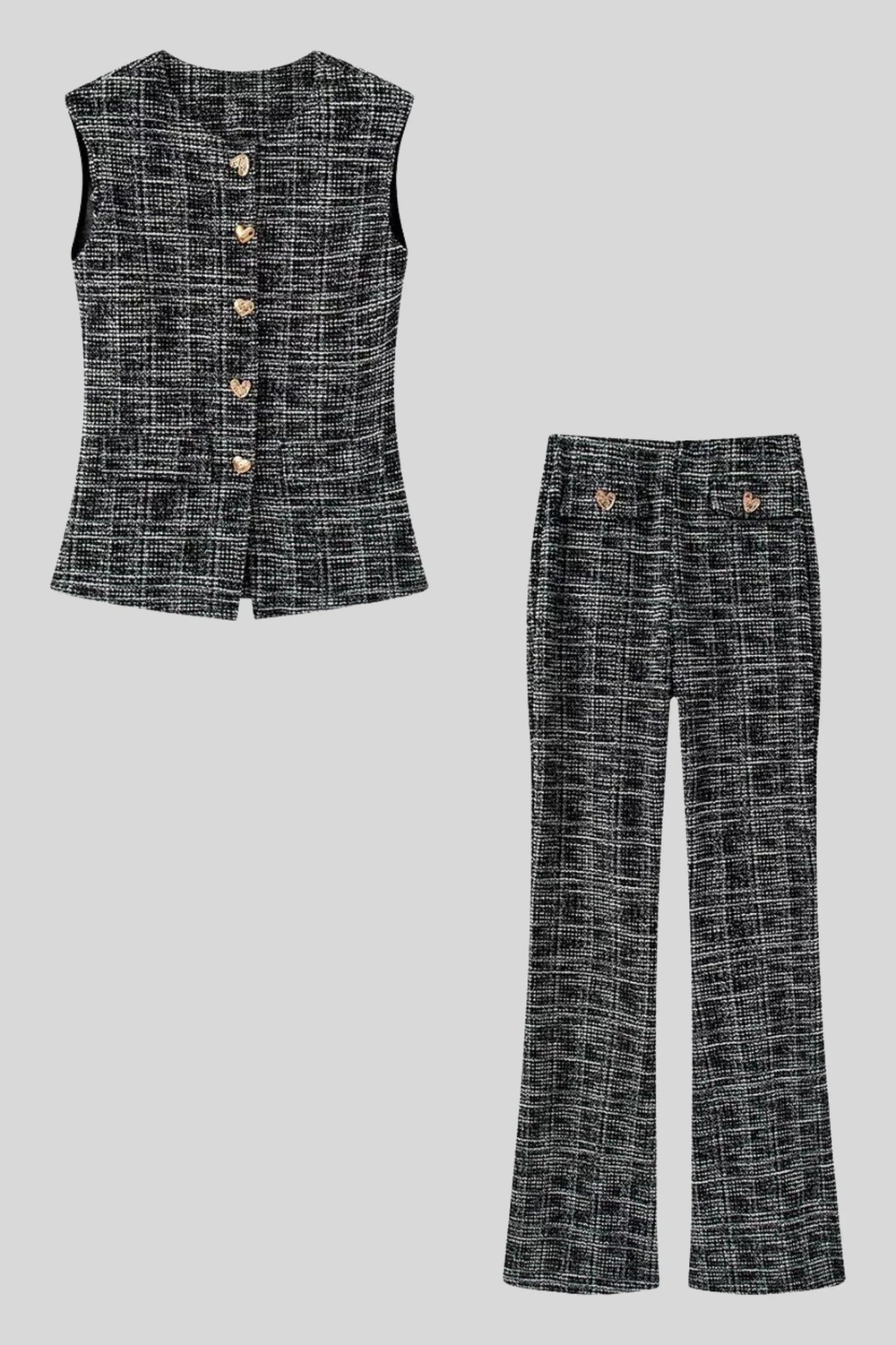 Tweed Flared Pants with Heart Buttons – Black Black