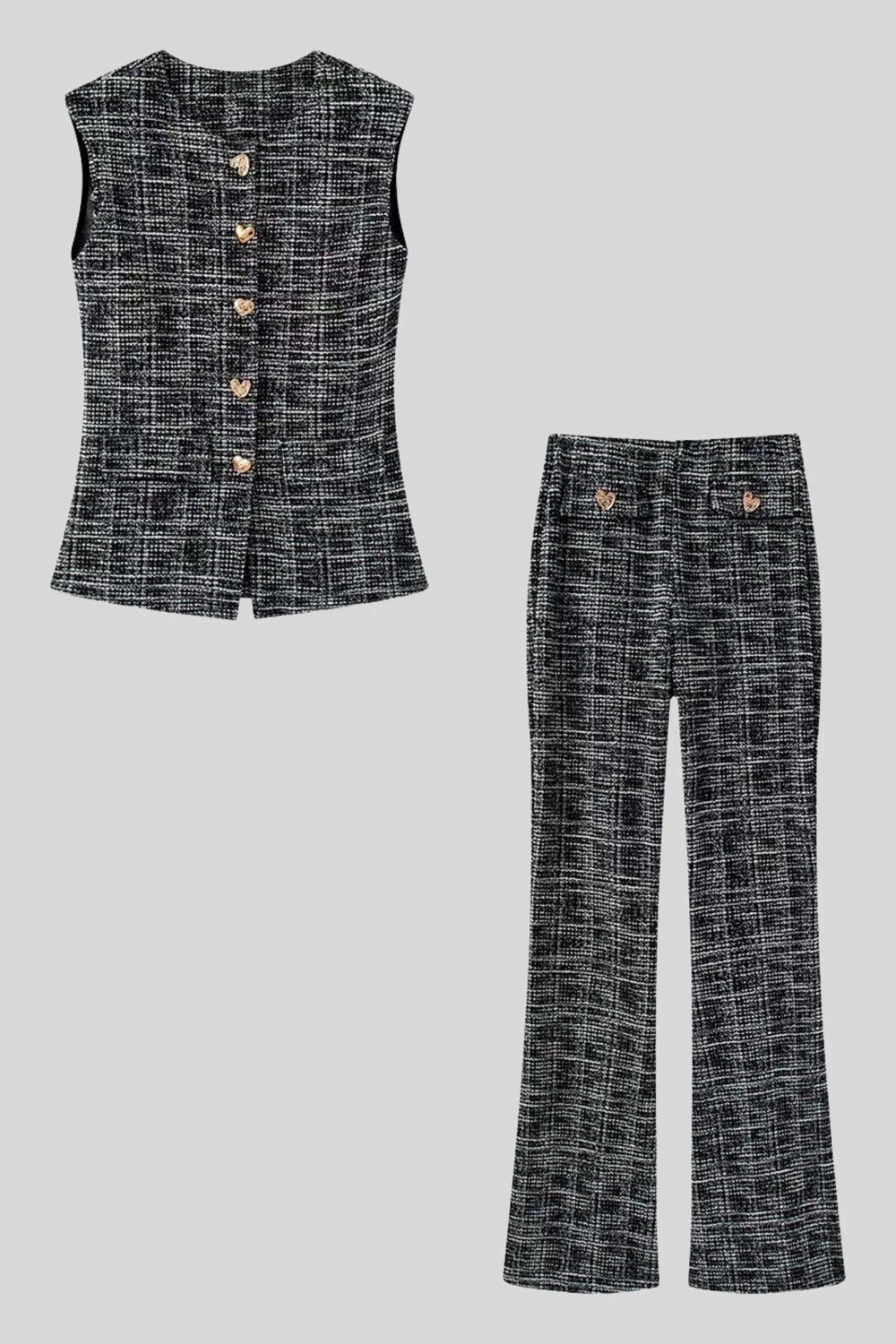 Tweed Flared Pants with Heart Buttons – Black Black