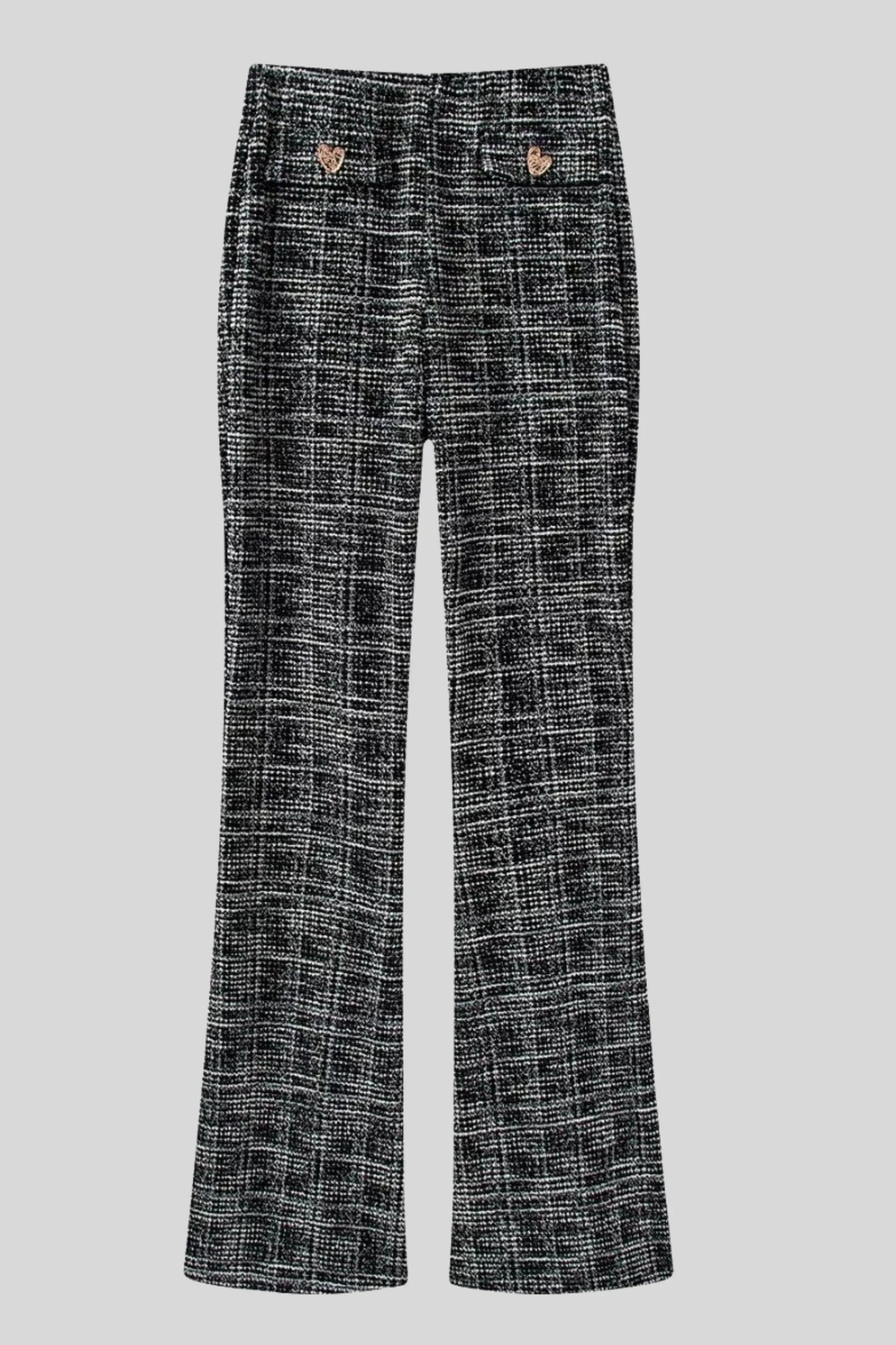Tweed Flared Pants with Heart Buttons – Black Black