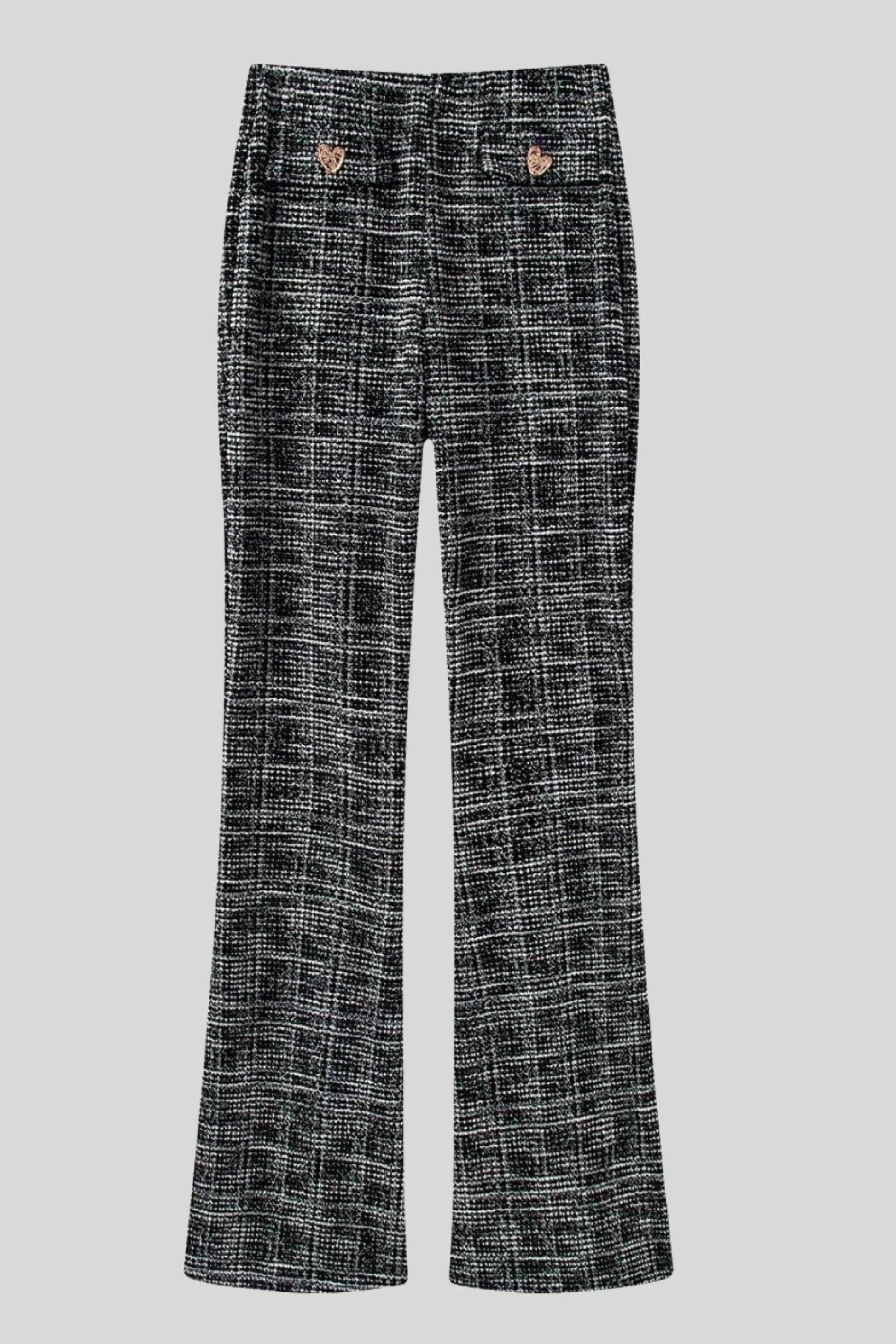 Tweed Flared Pants with Heart Buttons – Black Black