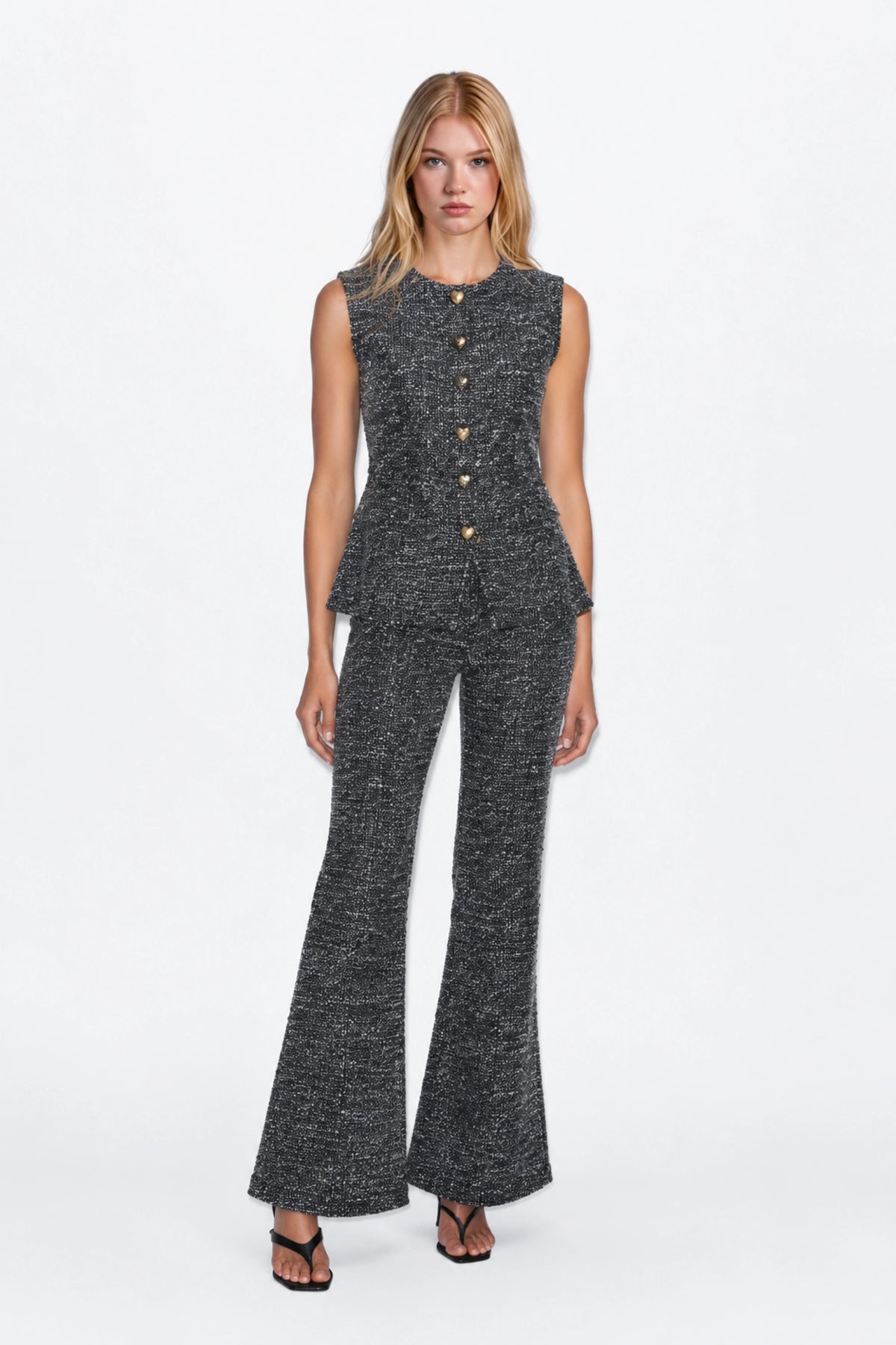 Tweed Flared Pants with Heart Buttons – Black Black