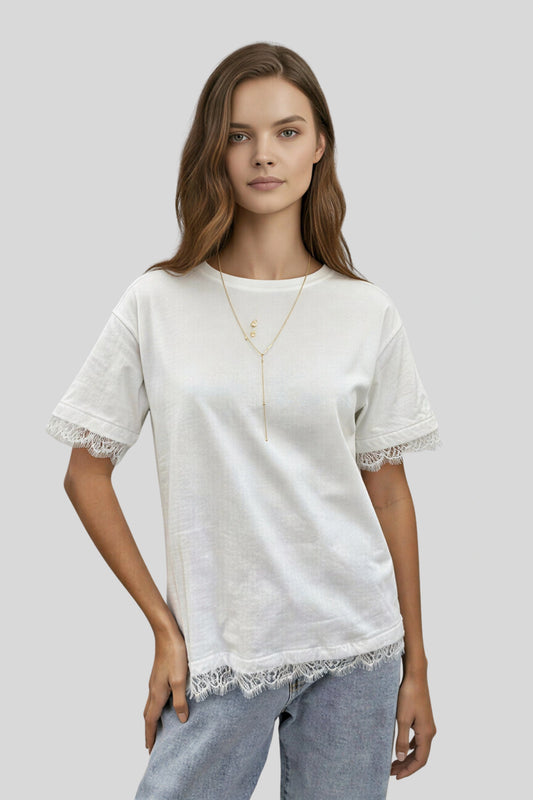 White Lace Trim Oversized Tee