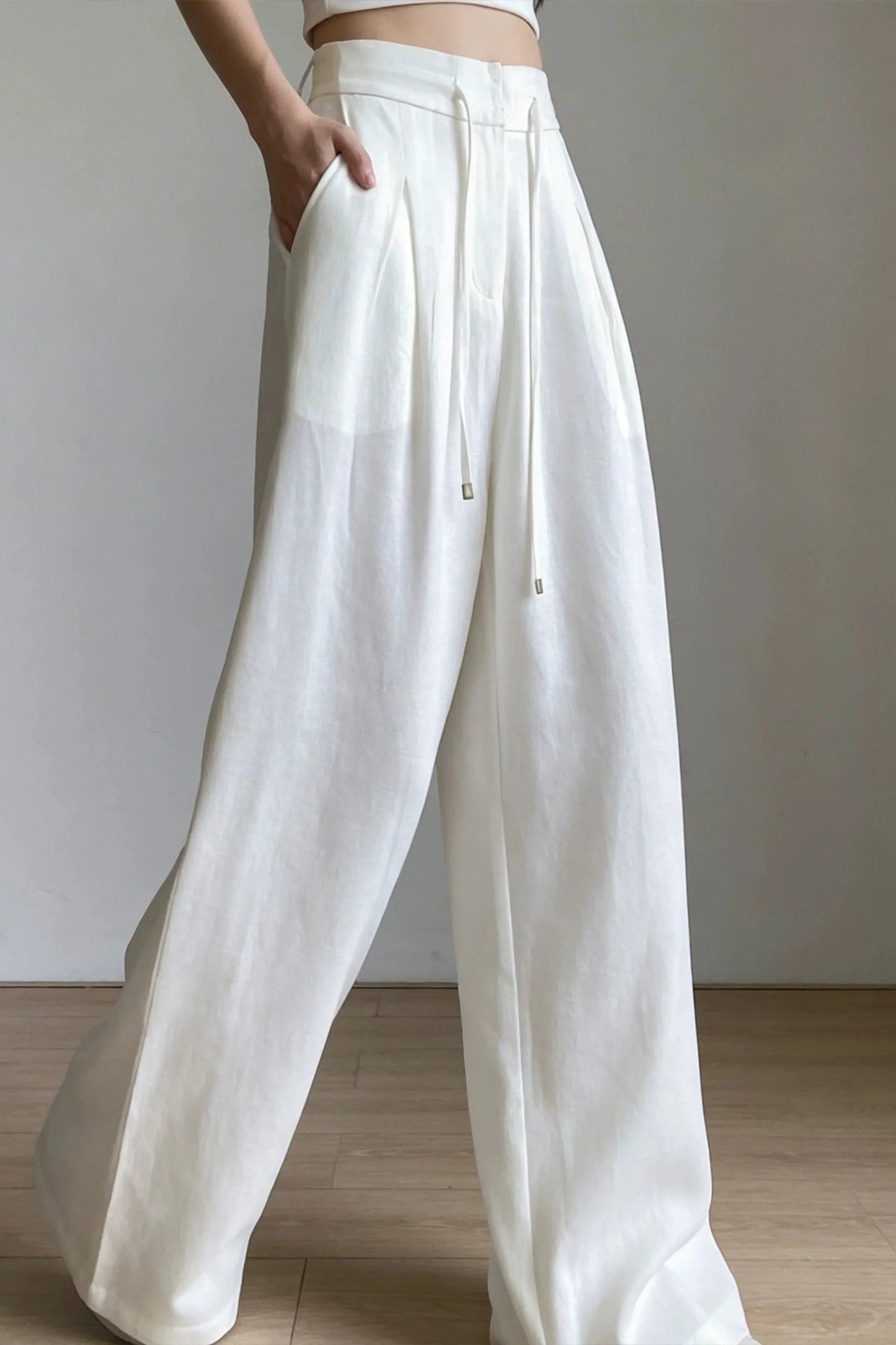 White Wide-Leg Linen-Blend Drawstring High-Waist Trousers White