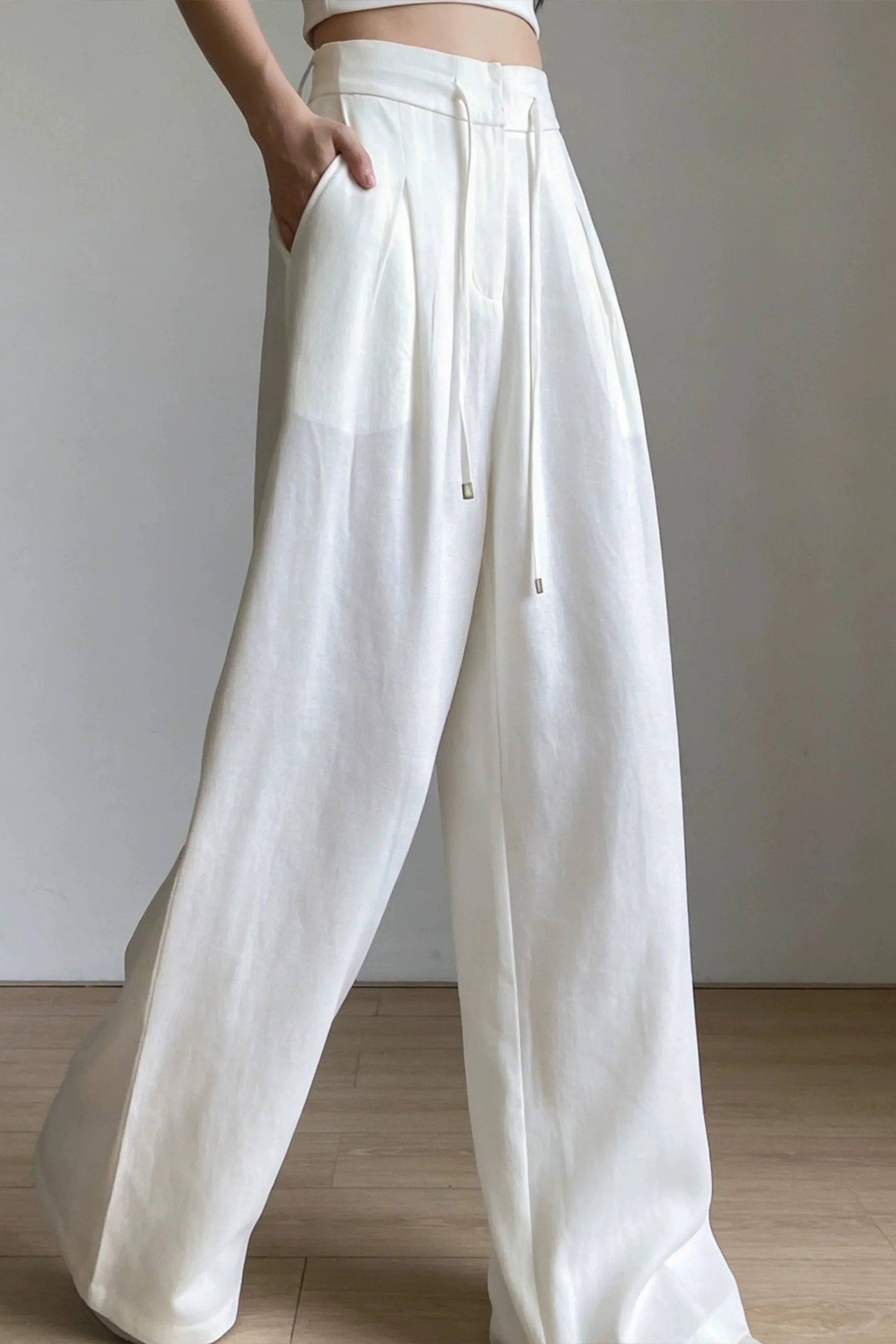 White Wide-Leg Linen-Blend Drawstring High-Waist Trousers White