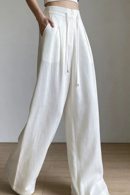 White Wide-Leg Linen-Blend Drawstring High-Waist Trousers White