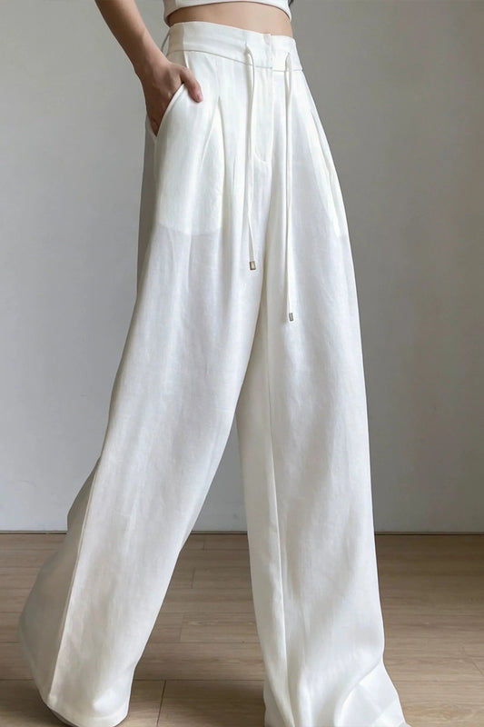 White Wide-Leg Linen-Blend Drawstring High-Waist Trousers White