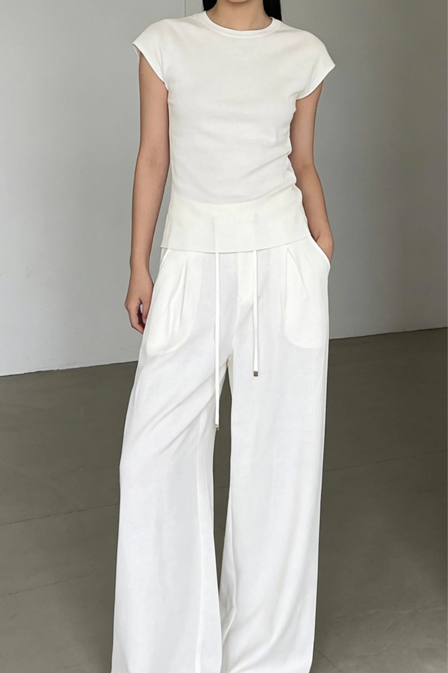 White Wide-Leg Linen-Blend Drawstring High-Waist Trousers White