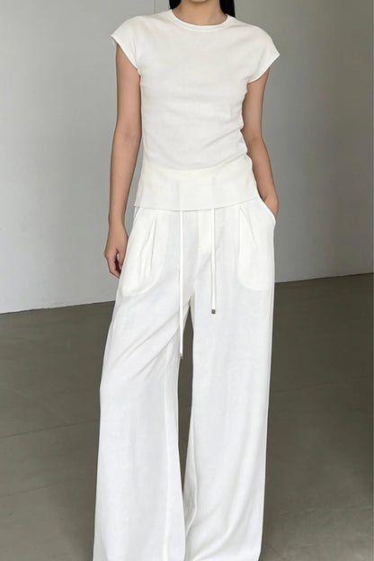White Wide-Leg Linen-Blend Drawstring High-Waist Trousers White