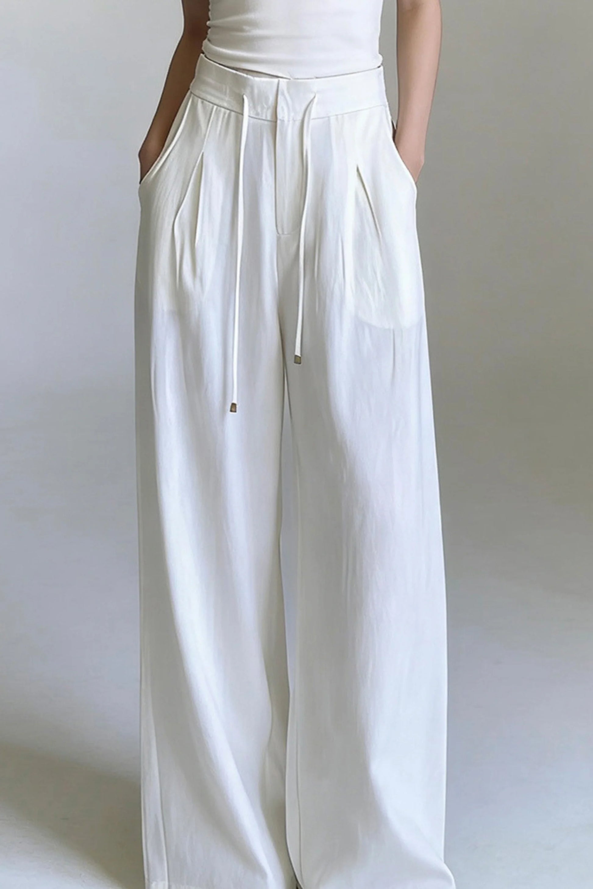 White Wide-Leg Linen-Blend Drawstring High-Waist Trousers White