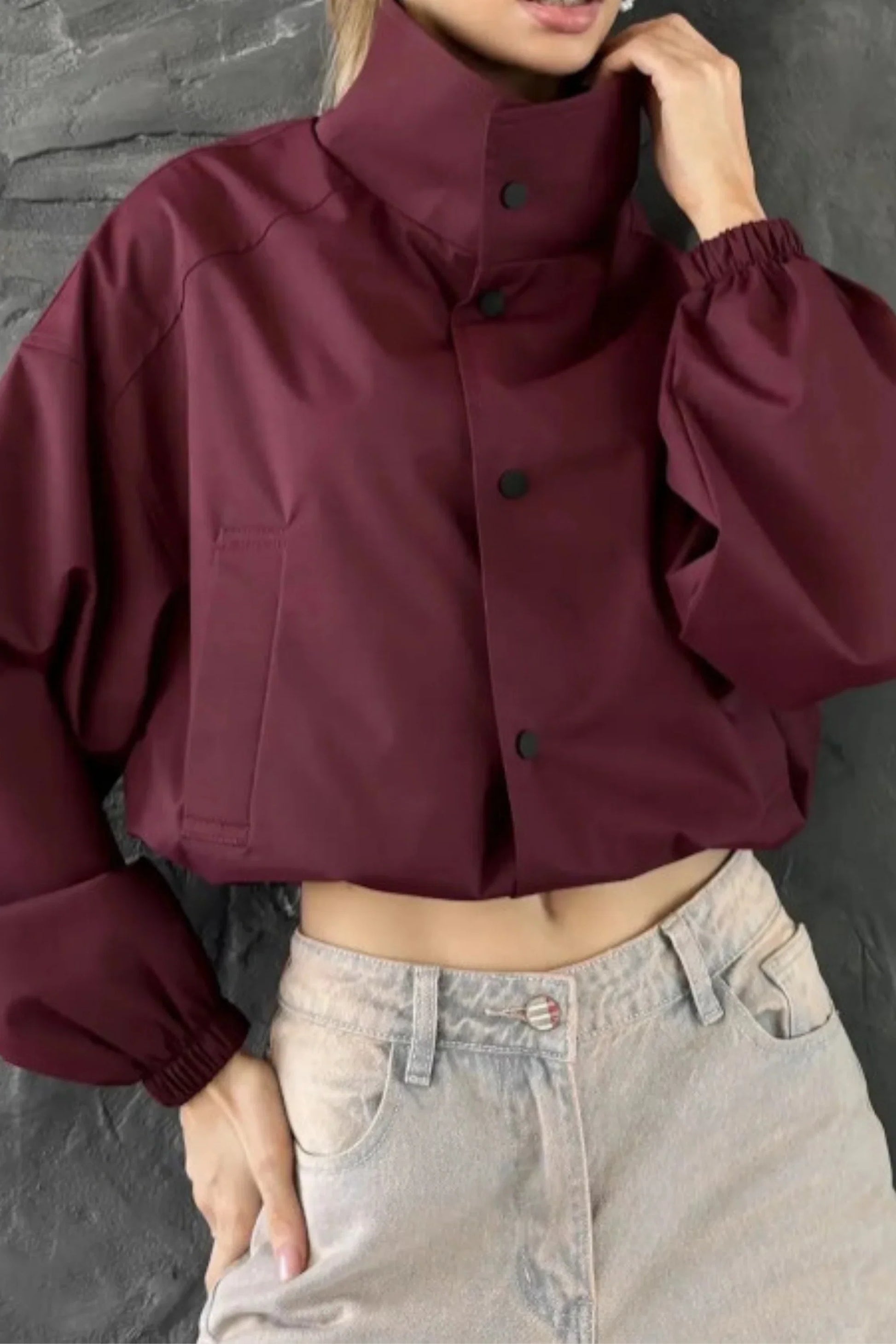 Women's Short Coat Trench Coat Loose Short Petite Jacket Burgundy