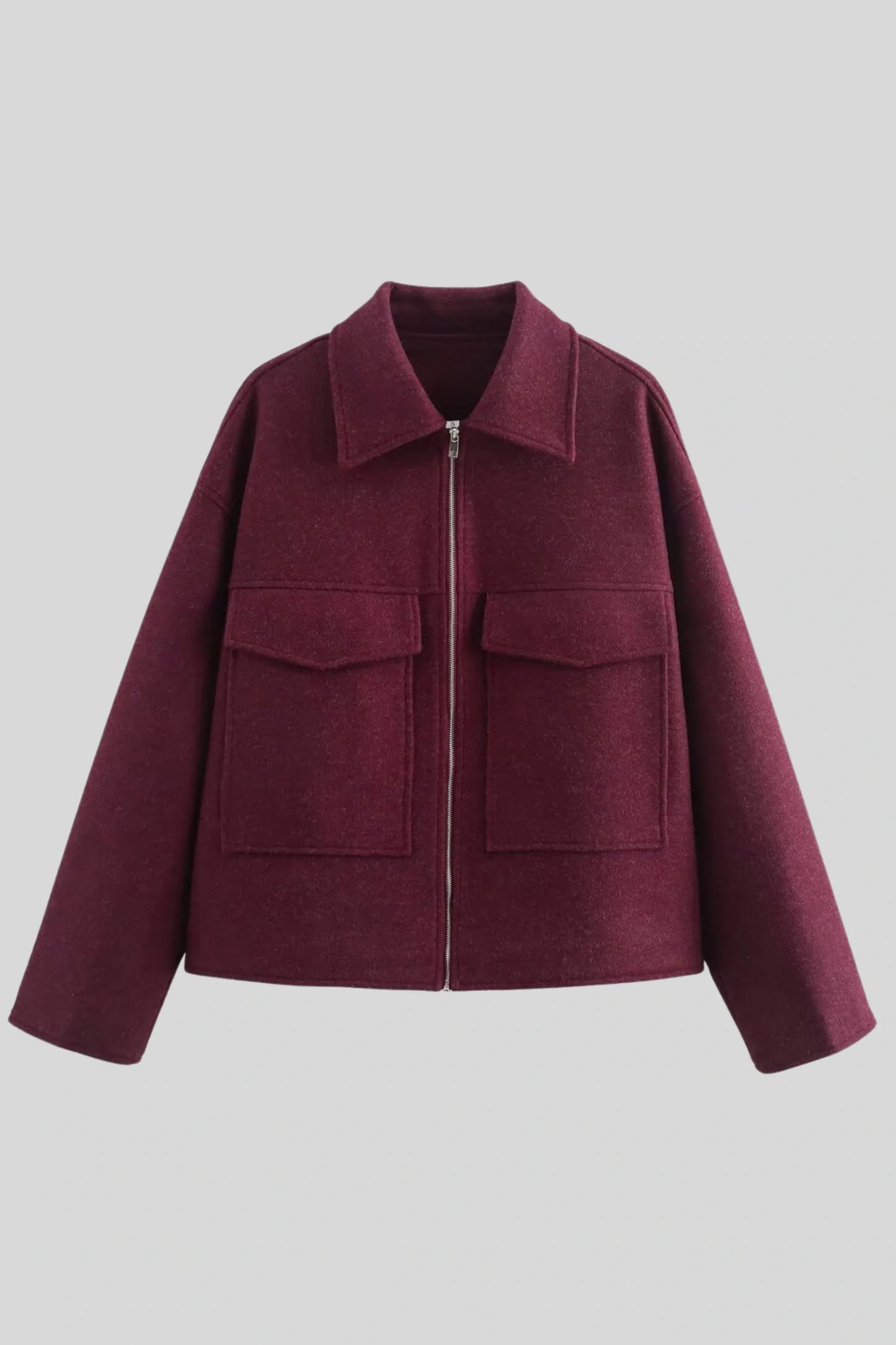 Zip-Front Wool-Look Jacket with Large Pockets – Burgundy Burgundy