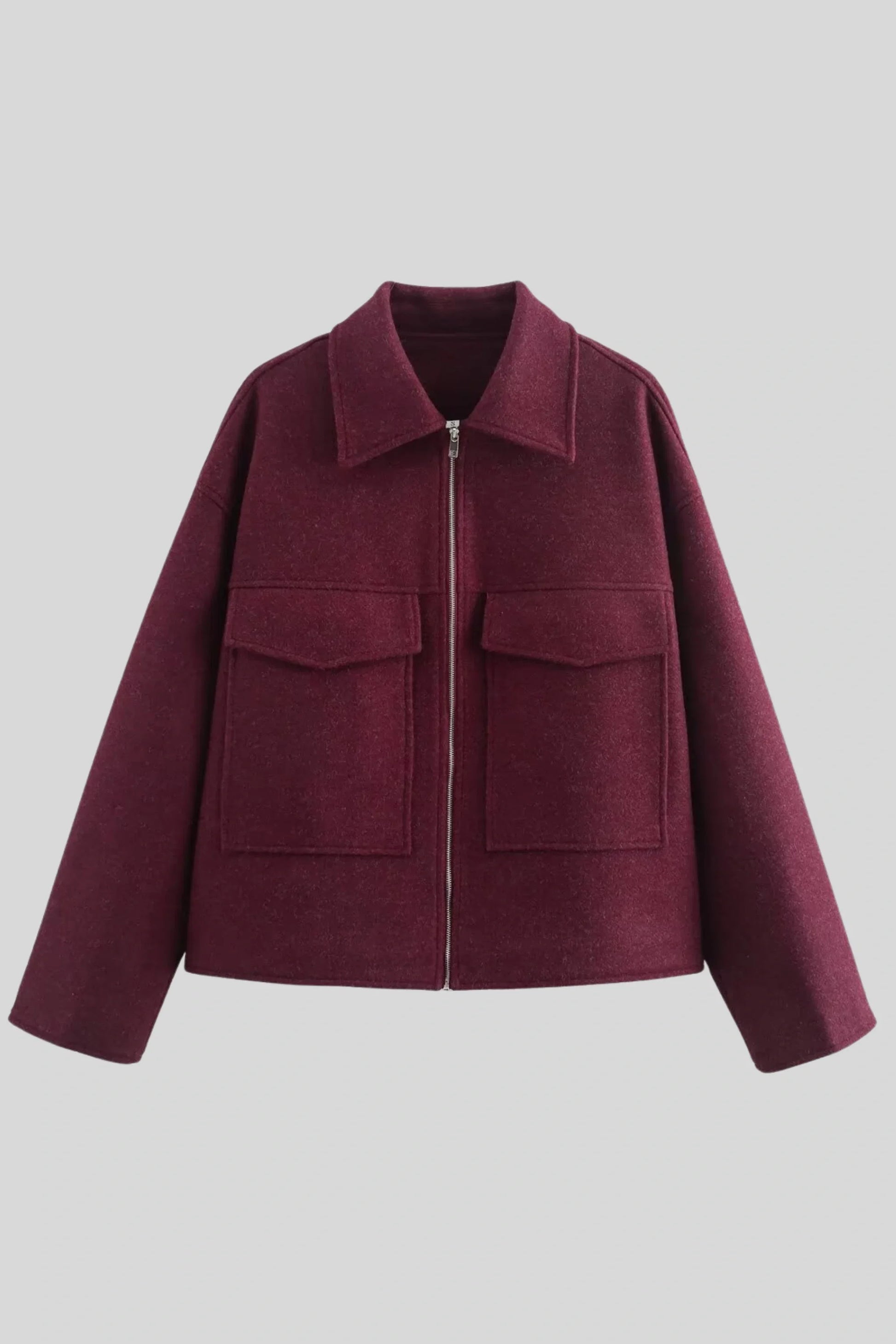 Zip-Front Wool-Look Jacket with Large Pockets – Burgundy Burgundy