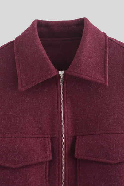 Zip-Front Wool-Look Jacket with Large Pockets – Burgundy Burgundy