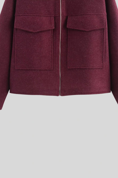 Zip-Front Wool-Look Jacket with Large Pockets – Burgundy Burgundy