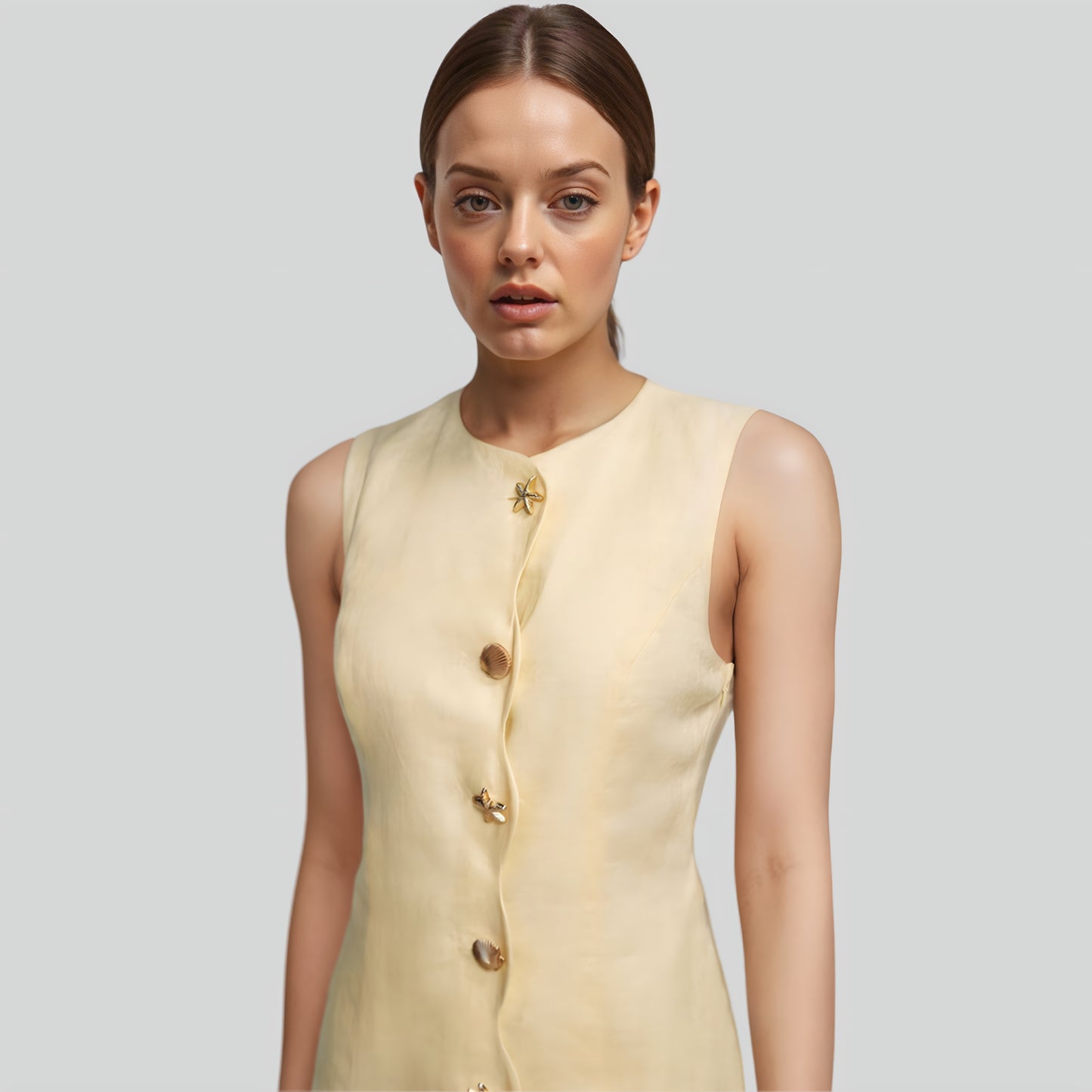 Alzya® Mini Dress in Yellow Linen | Starfish Buttons & Scalloped Hem