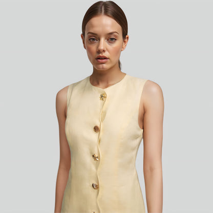 Alzya® Mini Dress in Yellow Linen | Starfish Buttons & Scalloped Hem