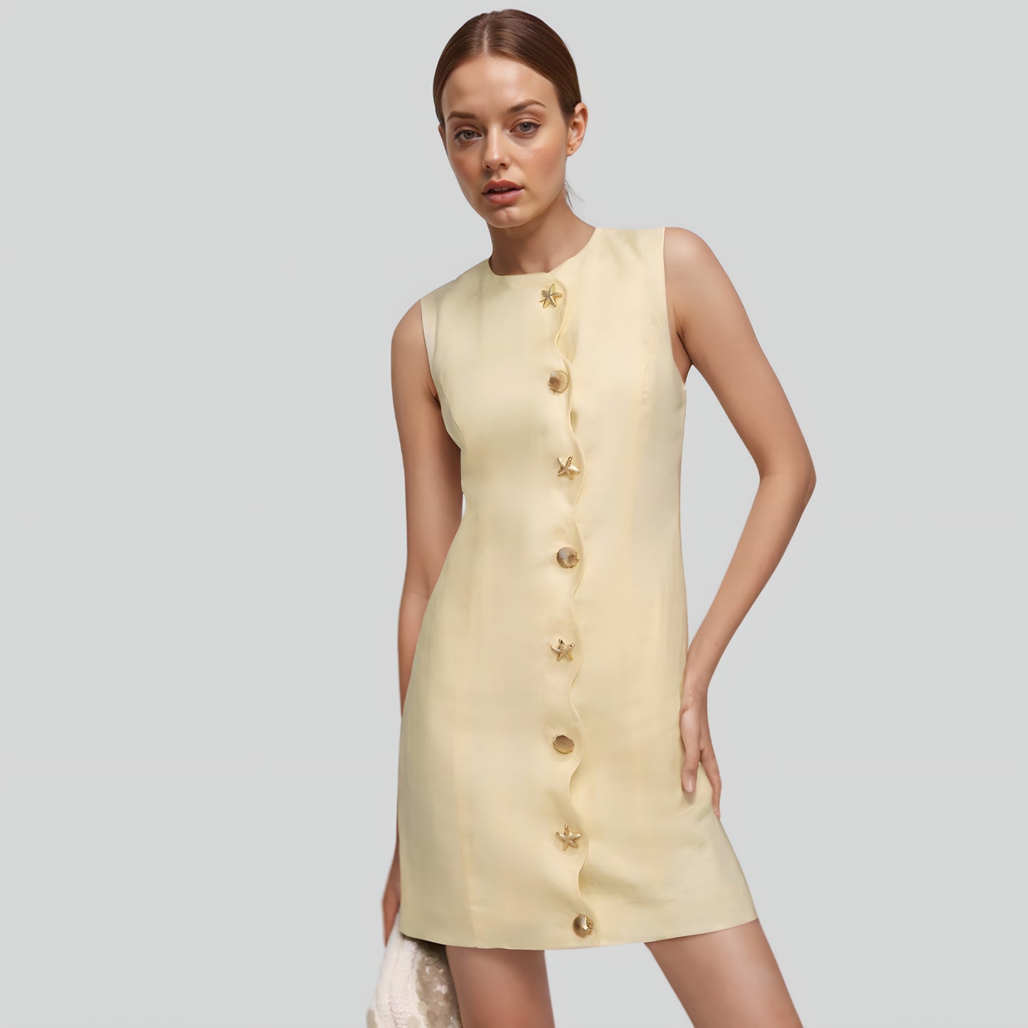 Alzya® Mini Dress in Yellow Linen | Starfish Buttons & Scalloped Hem