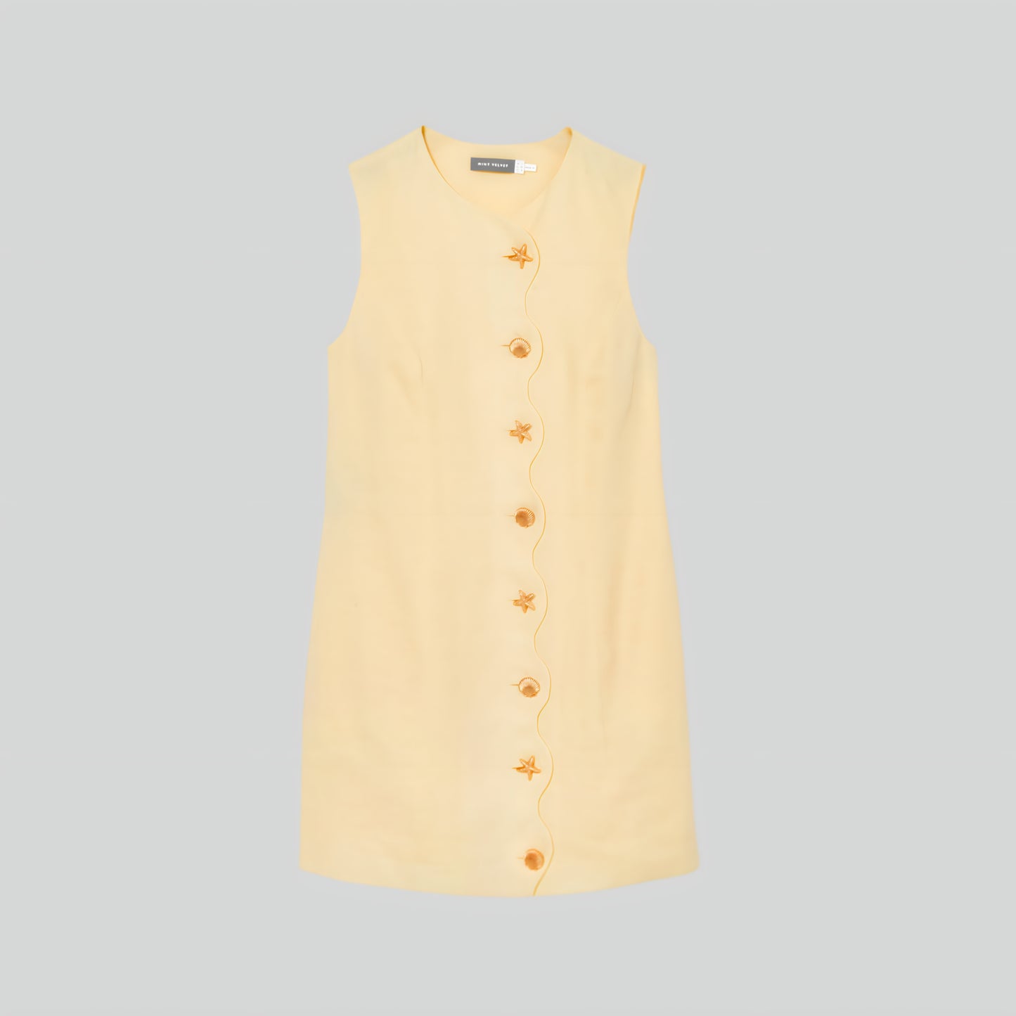 Alzya® Mini Dress in Yellow Linen | Starfish Buttons & Scalloped Hem