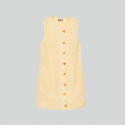 Alzya® Mini Dress in Yellow Linen | Starfish Buttons & Scalloped Hem