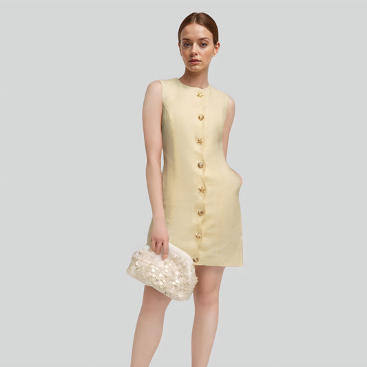 Alzya® Mini Dress in Yellow Linen | Starfish Buttons & Scalloped Hem
