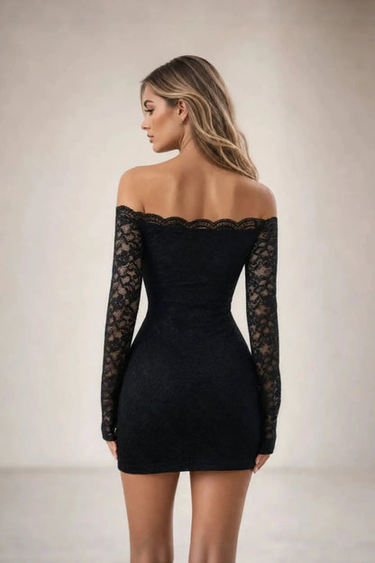 Black Lace Off-Shoulder Bodycon Mini Dress