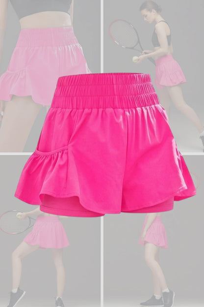  high-waist butterfly ruffle athletic skort Hot Pink