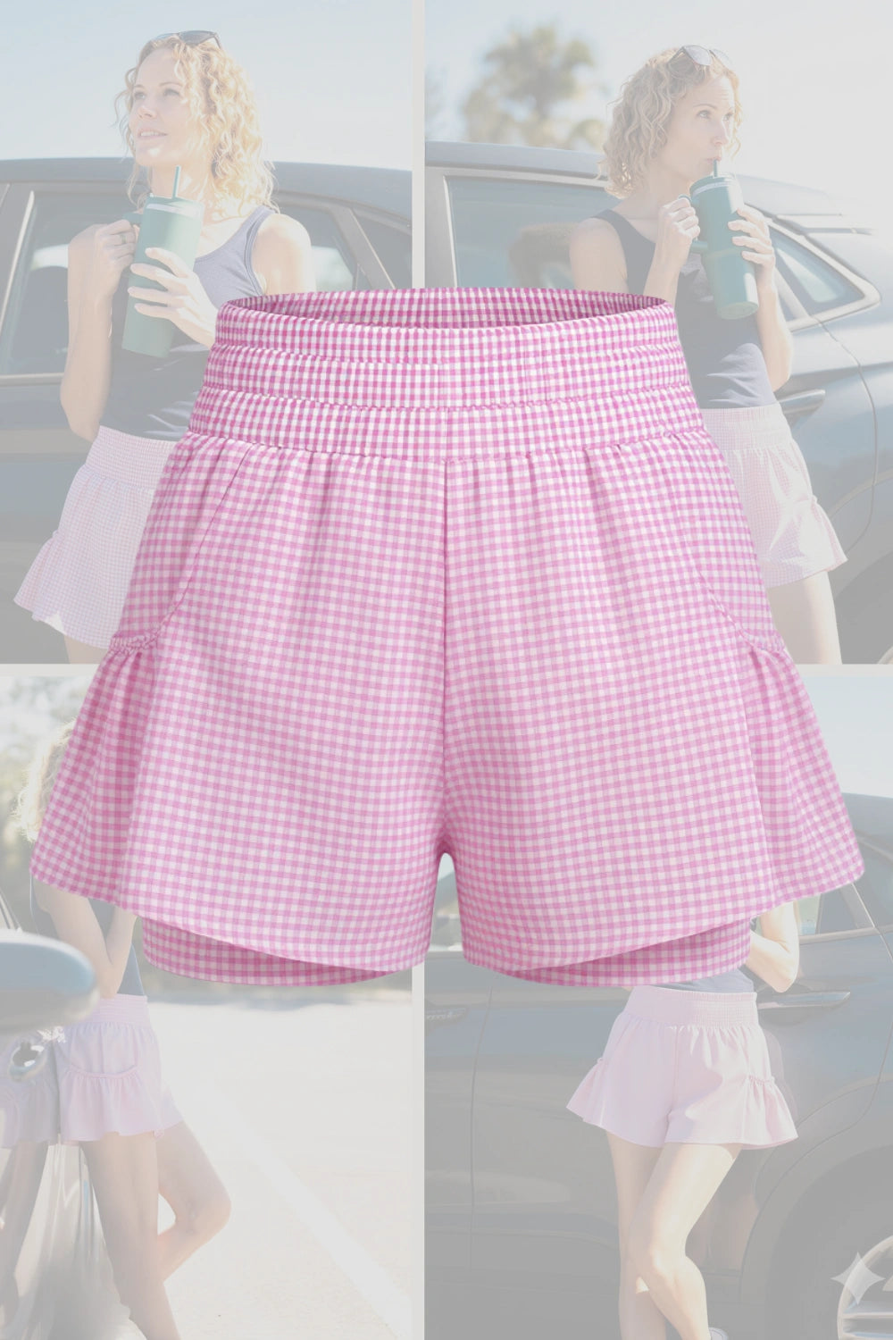 high-waist butterfly ruffle athletic skort Pink Plaid