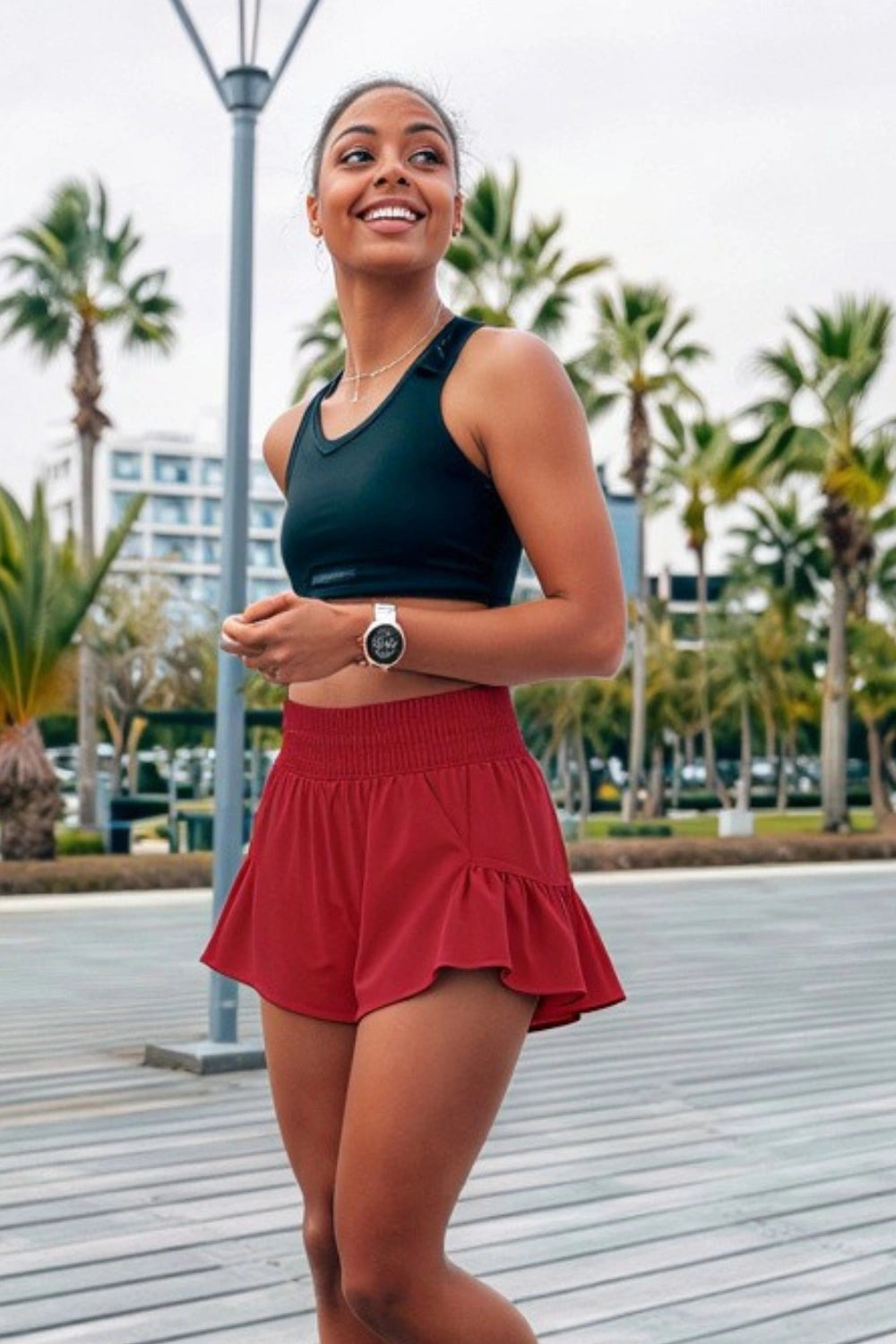 high-waist butterfly ruffle athletic skort Red
