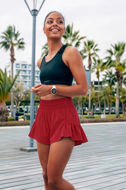 high-waist butterfly ruffle athletic skort Red