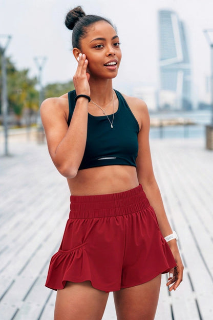 high-waist butterfly ruffle athletic skort Red