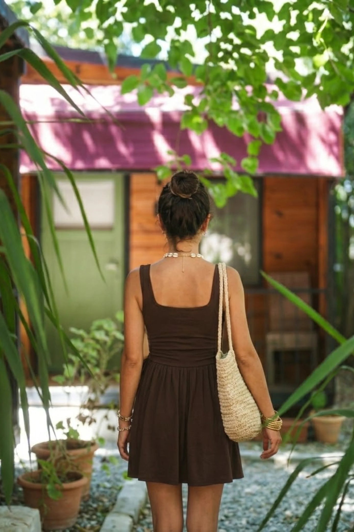 Square Neck Ruched Side-Tie Mini Skater Dress brown