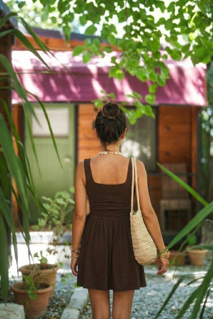 Square Neck Ruched Side-Tie Mini Skater Dress brown