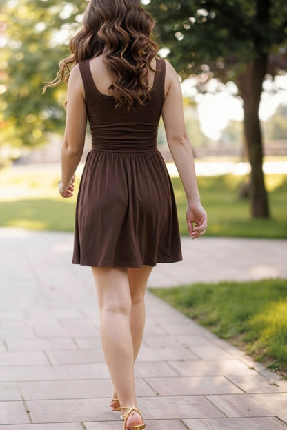 Square Neck Ruched Side-Tie Mini Skater Dress brown