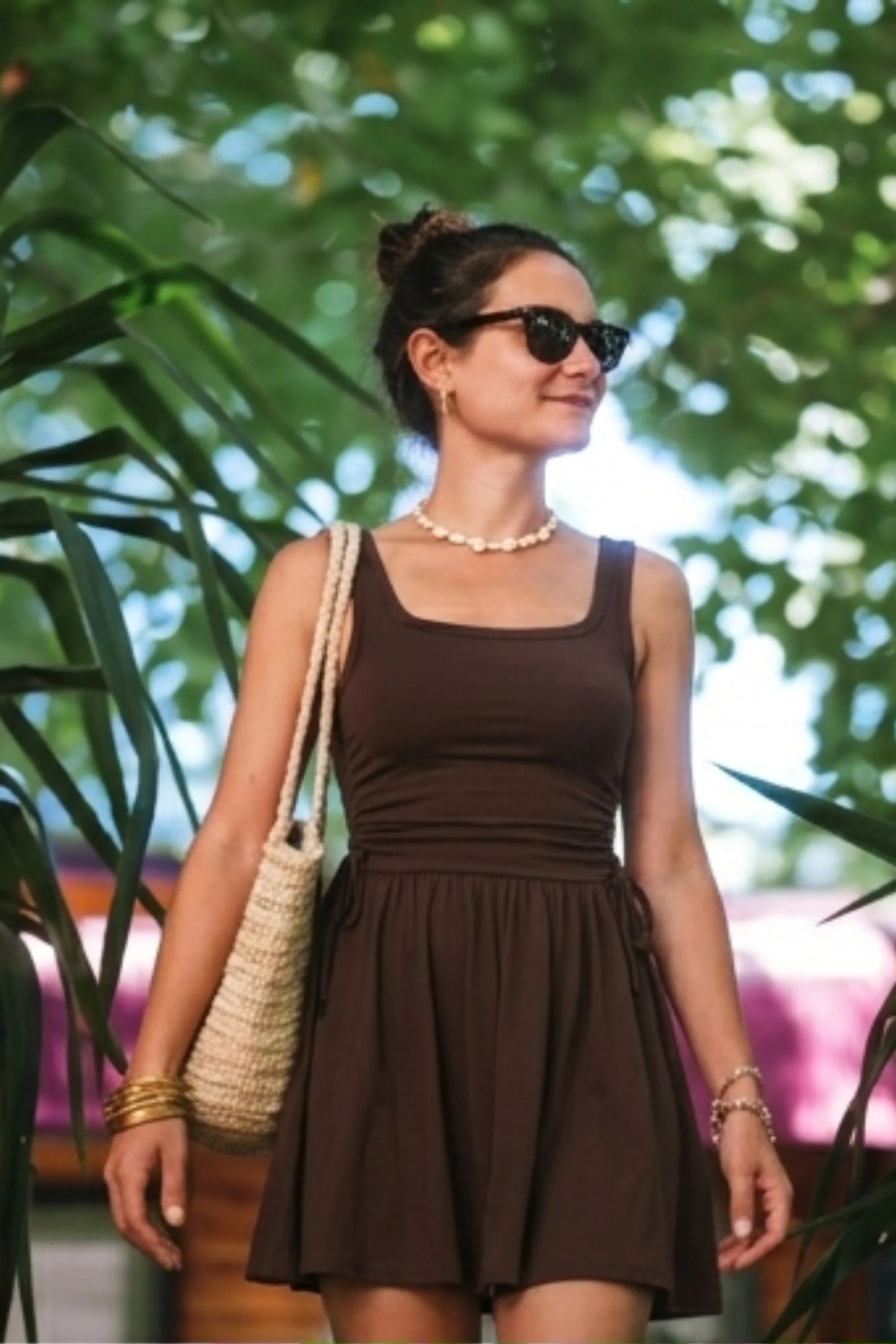 Square Neck Ruched Side-Tie Mini Skater Dress brown