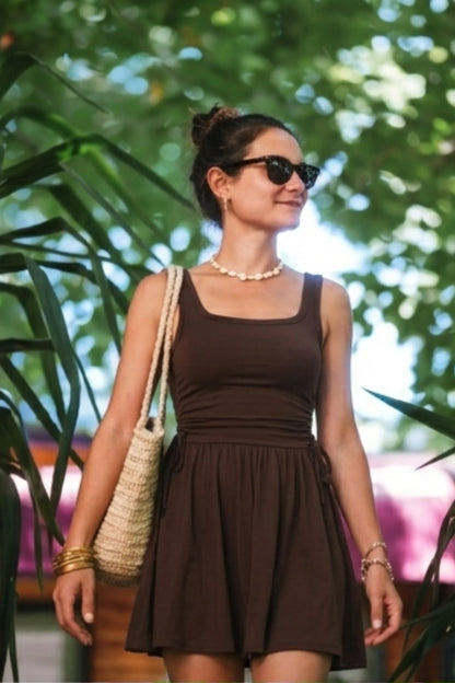 Square Neck Ruched Side-Tie Mini Skater Dress brown