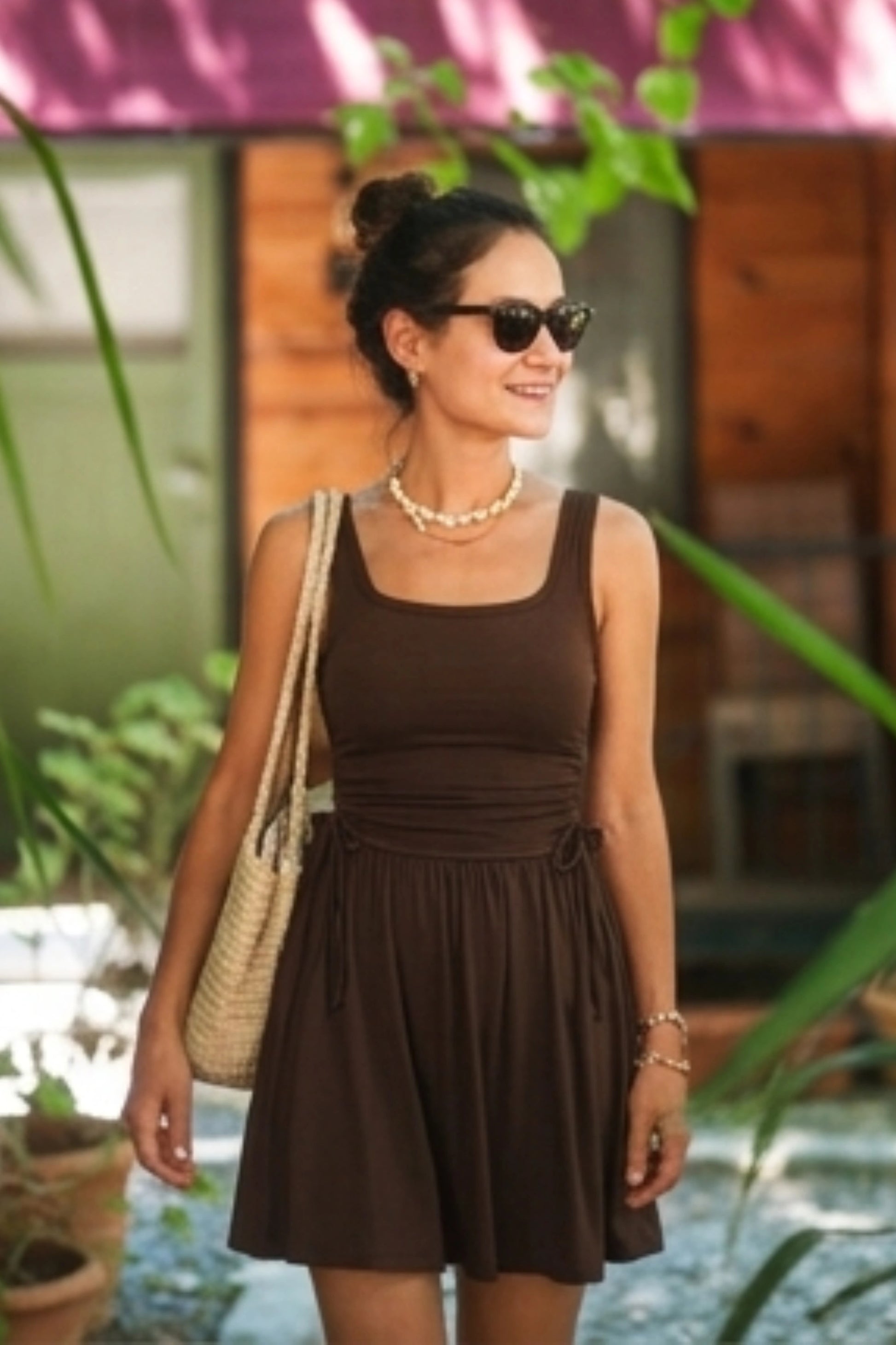 Square Neck Ruched Side-Tie Mini Skater Dress brown