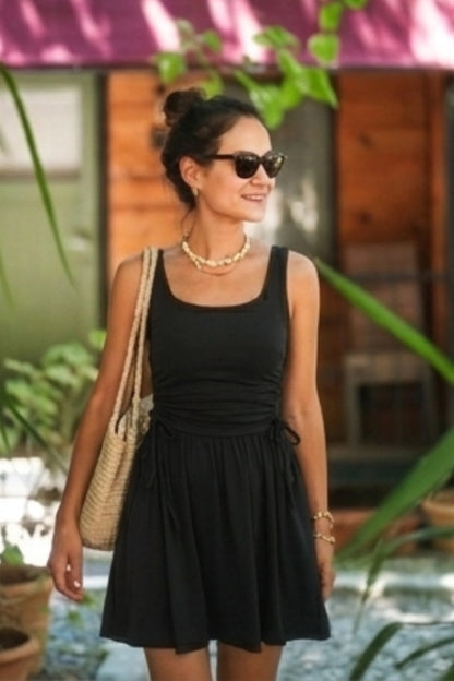 Square Neck Ruched Side-Tie Mini Skater Dress Black
