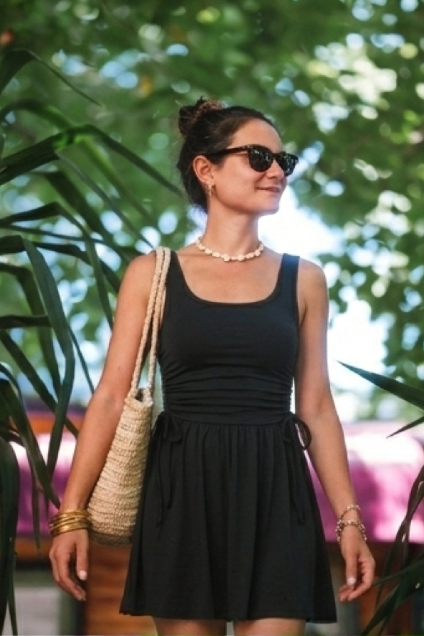Square Neck Ruched Side-Tie Mini Skater Dress Black