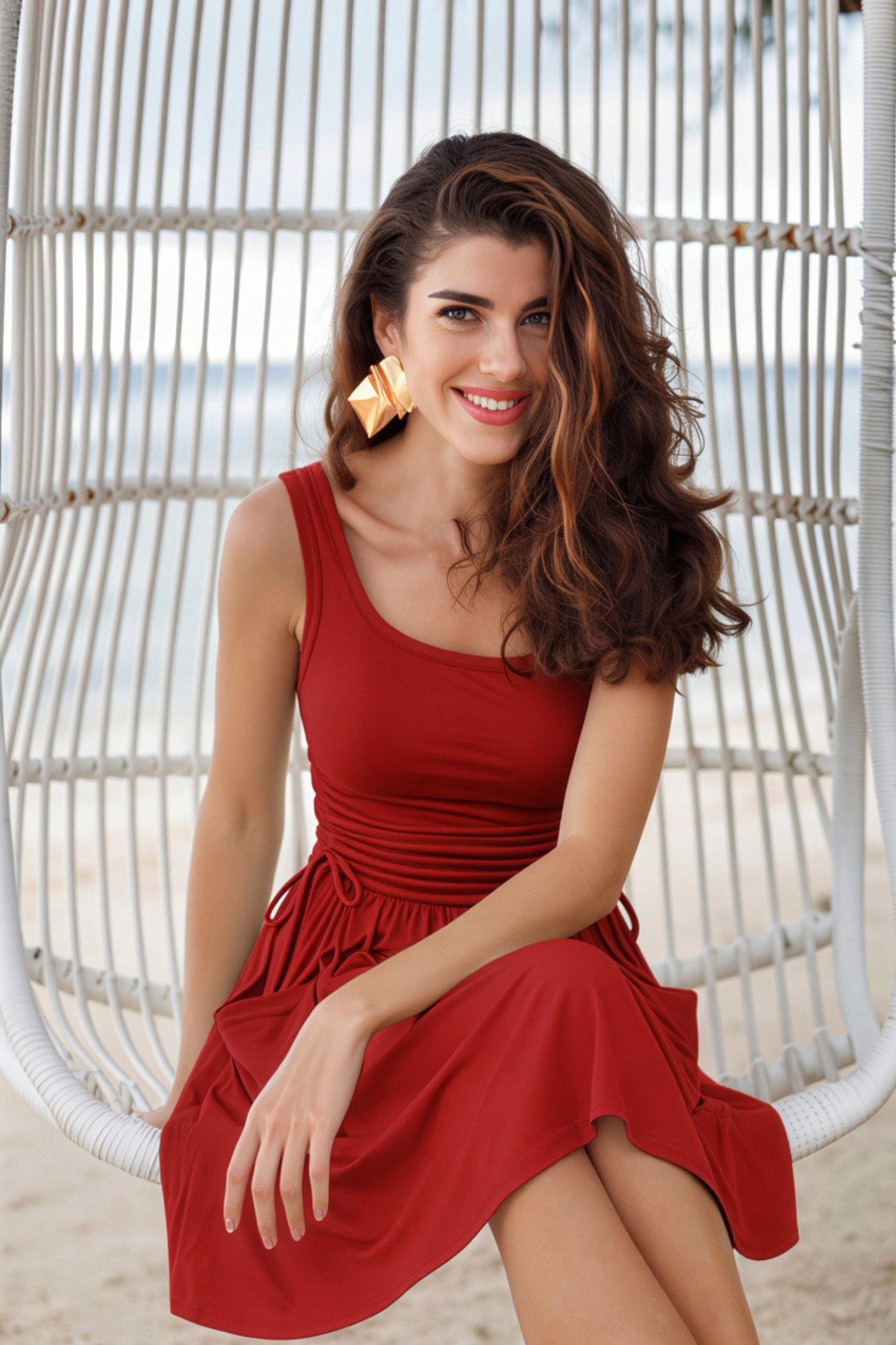 Square Neck Ruched Side-Tie Mini Skater Dress red
